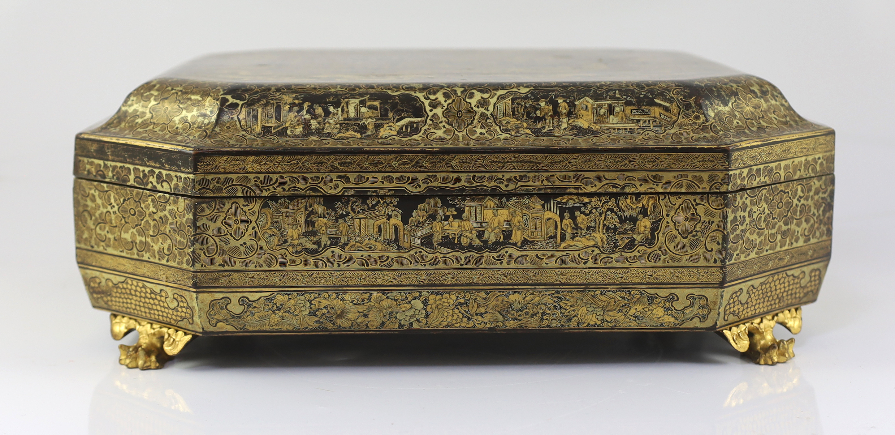 A Chinese Export gilt-decorated black lacquer games box, c.1830